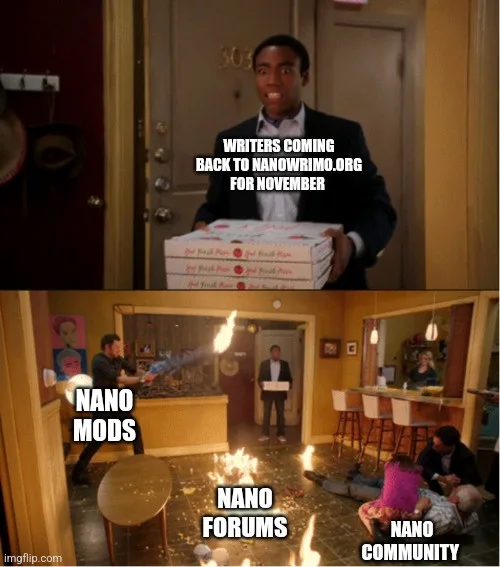 Top panel: A man in a suit holding pizza boxes with text overlay 'WRITERS COMING BACK TO NANOWRIMO.ORG FOR NOVEMBER'. Bottom…