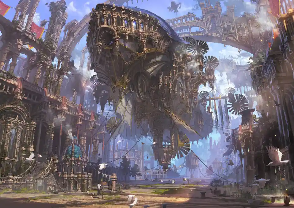 A detailed fantasy illustration depicts a sprawling, decaying cityscape with ornate, gothic-style architecture, floating…