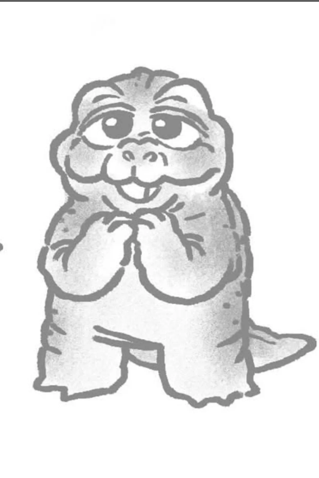 A grayscale cartoon drawing of a small, cute, smiling dinosaur-like creature with big eyes, standing upright with its hands…