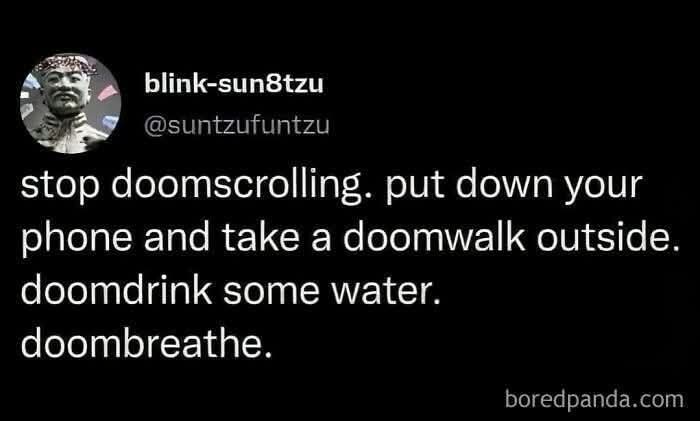 A black background image displays a Twitter post from user 'blink-sun8tzu' with a circular profile picture of a man with a…