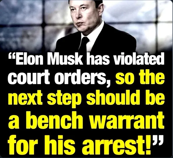 A photo of Elon Musk in a dark suit and tie, looking serious against a blurred background. Overlaid text in white and yellow…
