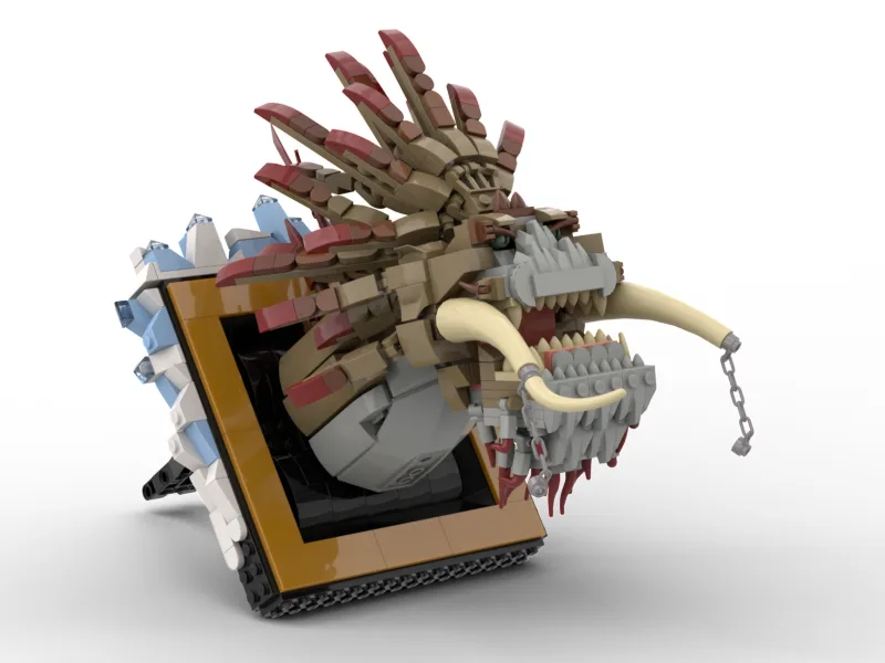 A detailed LEGO model of a dragon with brown, red, and gray bricks, featuring large tusks, sharp teeth, and spiky back…