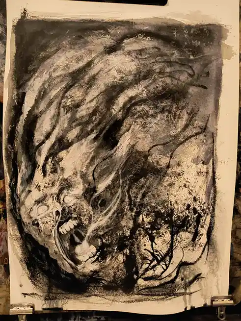 A black-and-white abstract painting on paper depicts a distorted, screaming face with exaggerated eyes and teeth, rendered…