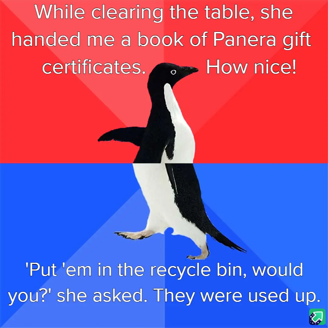 A penguin stands centered against a red and blue background, with white text overlaid in two sections. The top text reads…