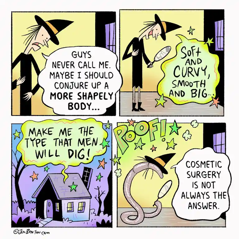 A four-panel comic strip shows a witch lamenting her lack of male attention, then casting a spell to magically transform her…
