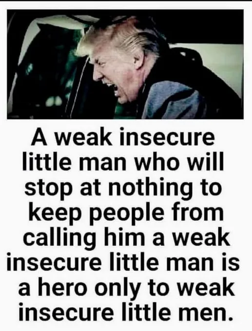 The image shows a close-up of Donald Trump inside a car, looking angry and shouting. Overlaid text reads: 'A weak insecure…