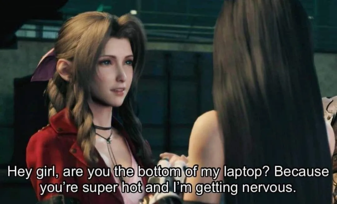 A female video game character with braided hair and a red jacket looks at another character whose back is to the camera…