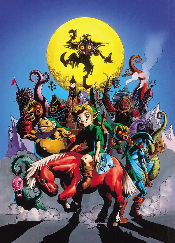 a vibrant, stylized illustration from The Legend of Zelda: Majora's Mask, featuring protagonist Link riding a red horse…