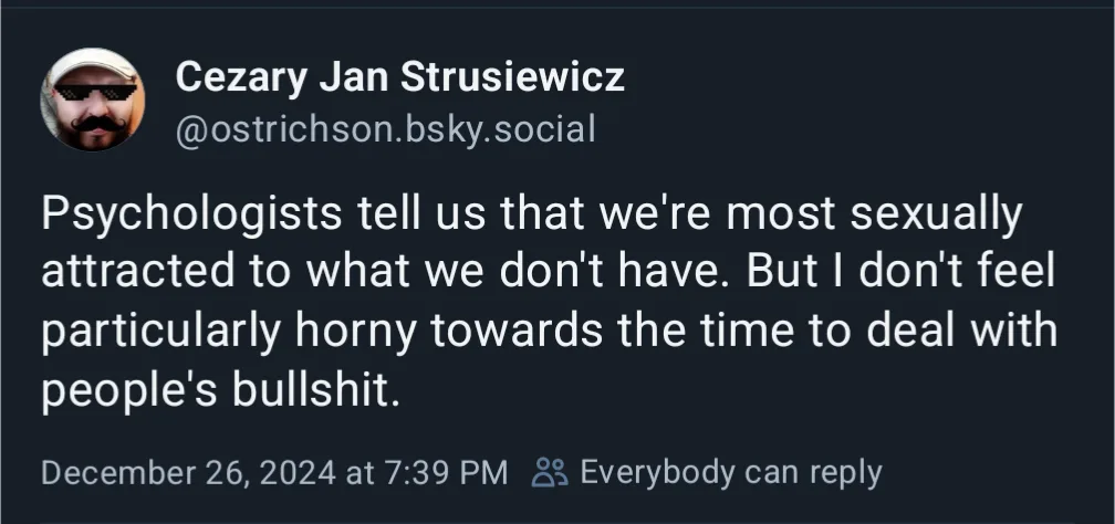 A screenshot of a social media post by Cezary Jan Strusiewicz, featuring a dark background with white text. The post…