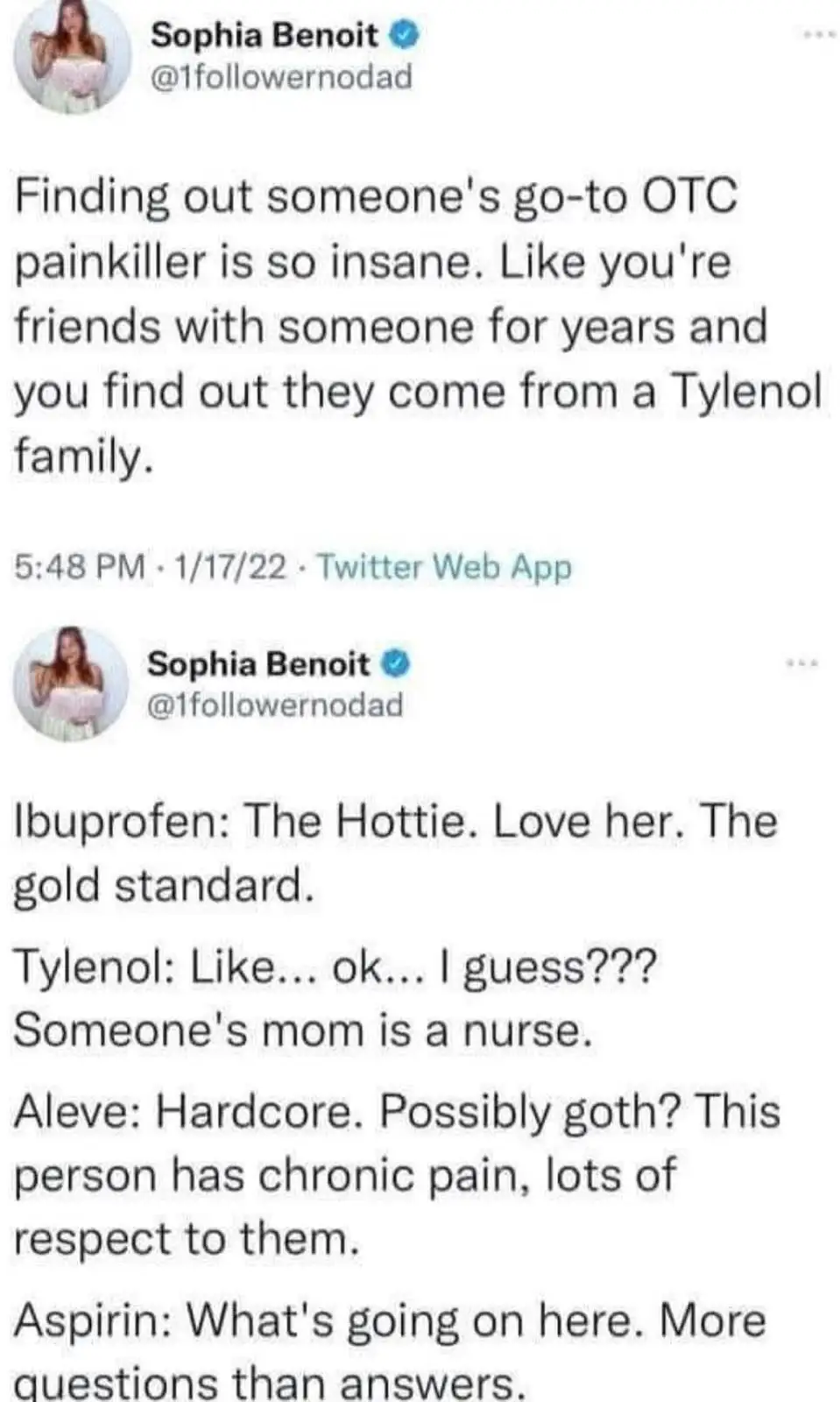 A screenshot of two tweets by Sophia Benoit humorously ranking over-the-counter painkillers based on personality traits and…