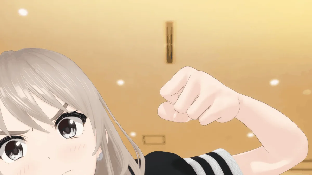 A six-panel anime-style image shows a young woman with light brown hair and a black-and-white striped shirt flexing her…