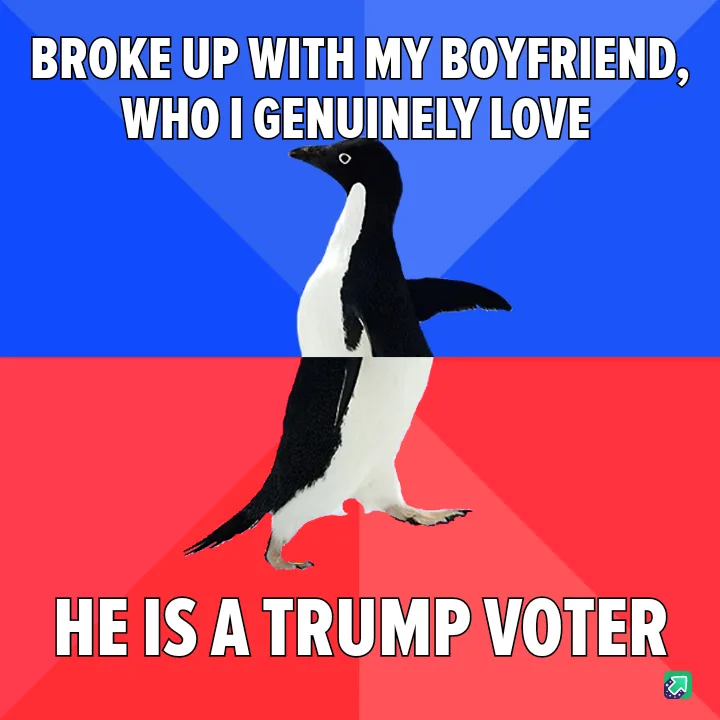 A penguin stands centered against a split background of blue on top and red on bottom. White bold text at the top reads…