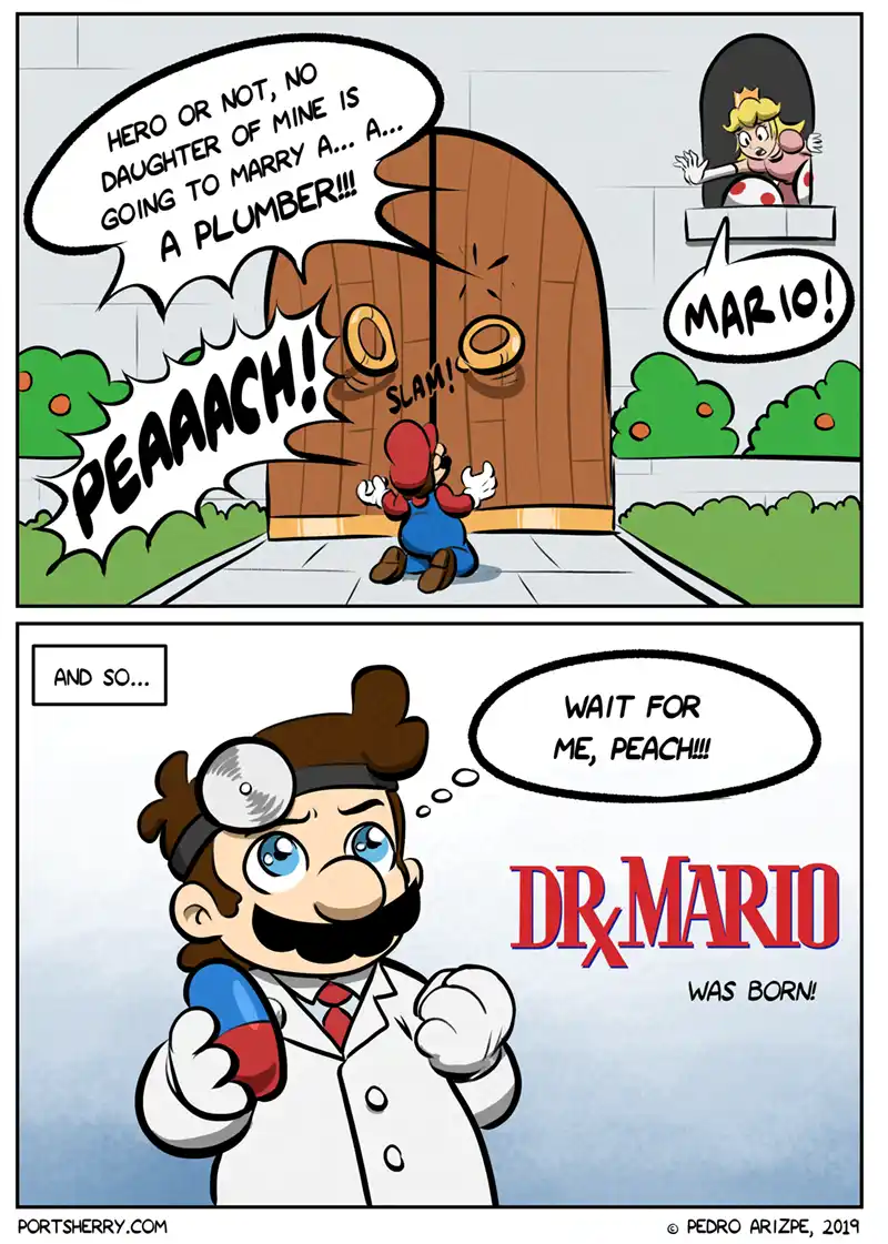 The comic strip shows Mario being rejected by Princess Peach, who slams a door in his face and declares no daughter of hers…
