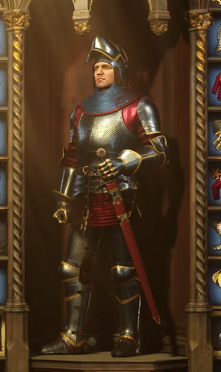 A video game character in full silver and red medieval armor stands in a dimly lit, ornate room with golden pillars and…