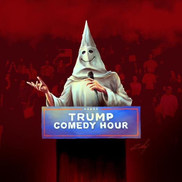 A person in a white Ku Klux Klan hood with a smiling face stands at a podium labeled 'TRUMP COMEDY HOUR,' holding a…