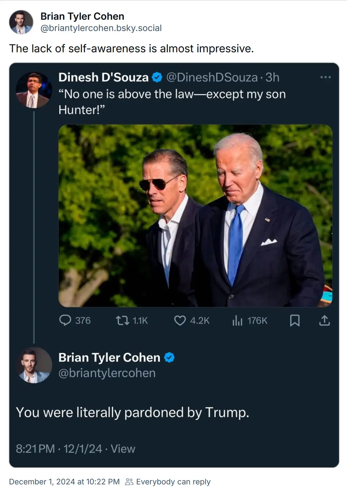 A screenshot of a Twitter thread shows Dinesh D'Souza's tweet claiming 'No one is above the law—except my son Hunter!'…