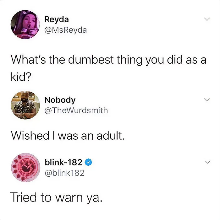 A screenshot of a Twitter thread shows Reyda asking 'What's the dumbest thing you did as a kid?' Nobody replies 'Wished I…