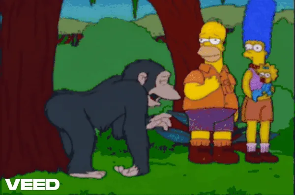 A four-panel comic strip from The Simpsons shows a chimpanzee interacting with Homer and Marge Simpson, who are holding baby…