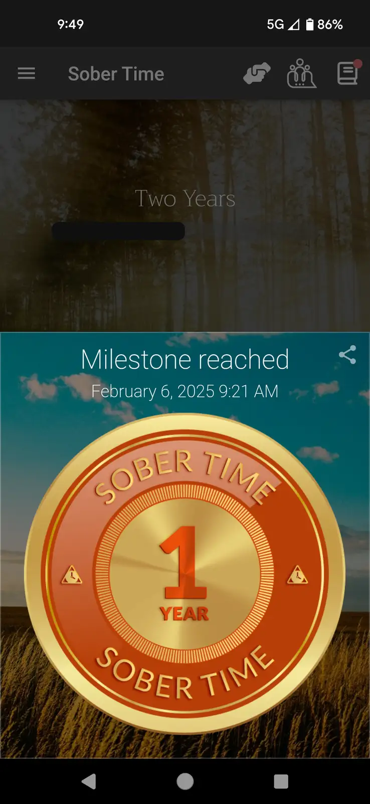 A screenshot of a 'Sober Time' app celebrating a '1 YEAR' milestone with a gold coin graphic, while the background text says…