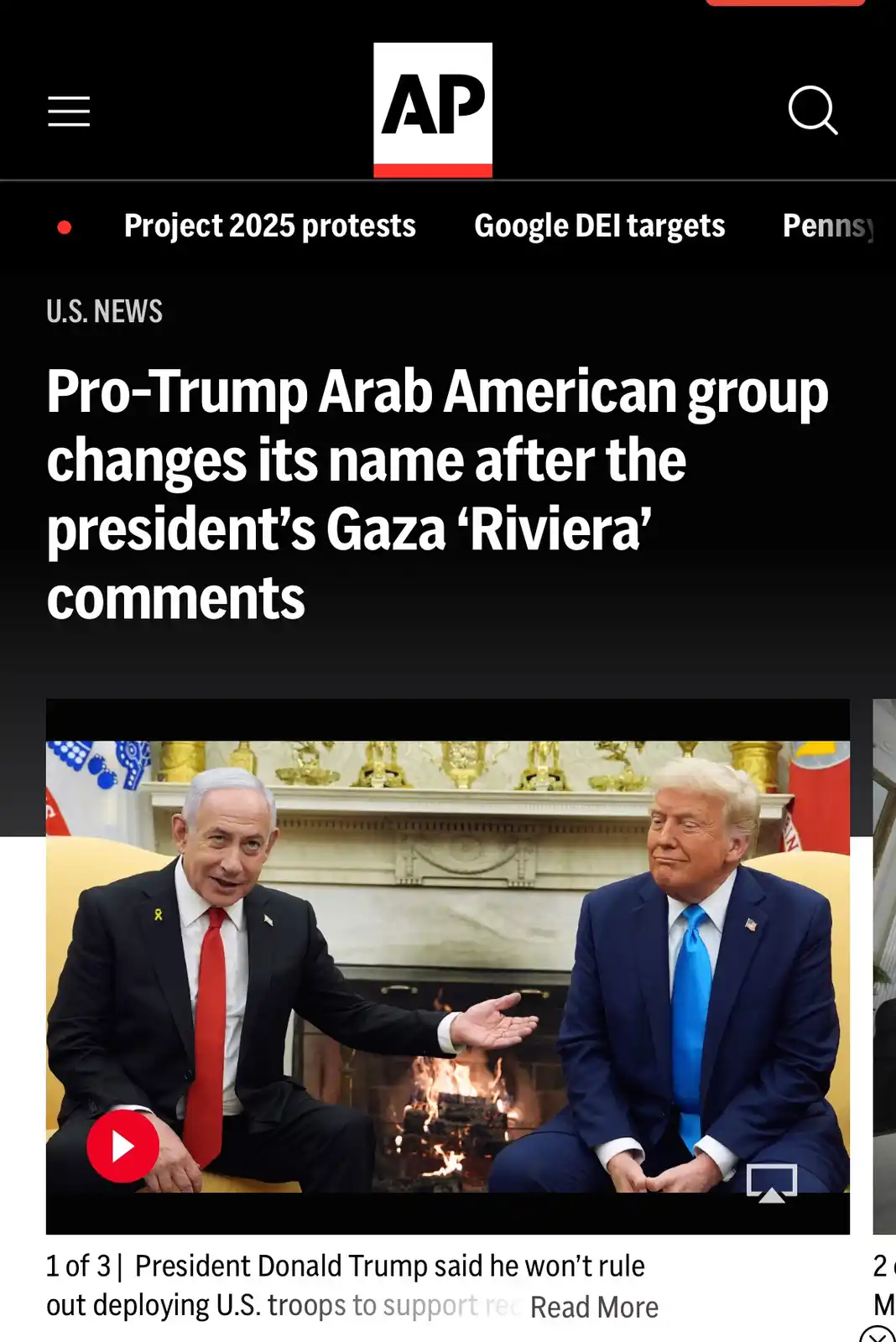 An AP News screenshot shows a headline about a pro-Trump Arab American group changing its name due to Trump's Gaza 'Riviera'…