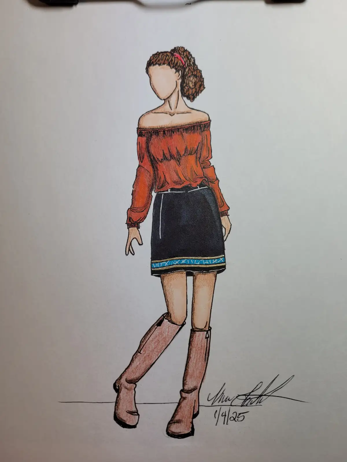 A hand-drawn fashion illustration of a person from behind, wearing an orange off-the-shoulder top, a black skirt with a blue…