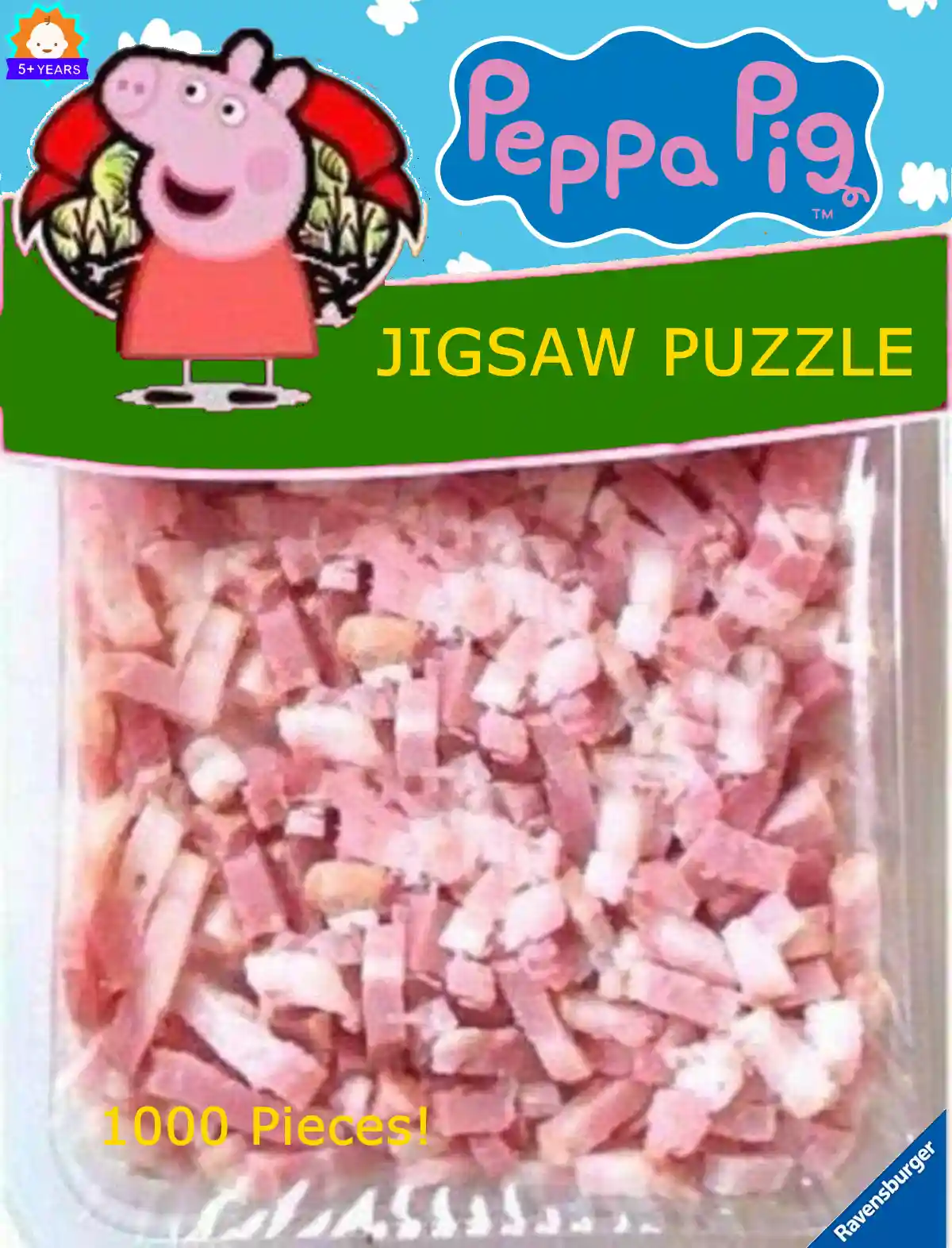The image shows a product package labeled 'Peppa Pig JIGSAW PUZZLE' with the brand 'Ravensburger' and '1000 Pieces!' text…