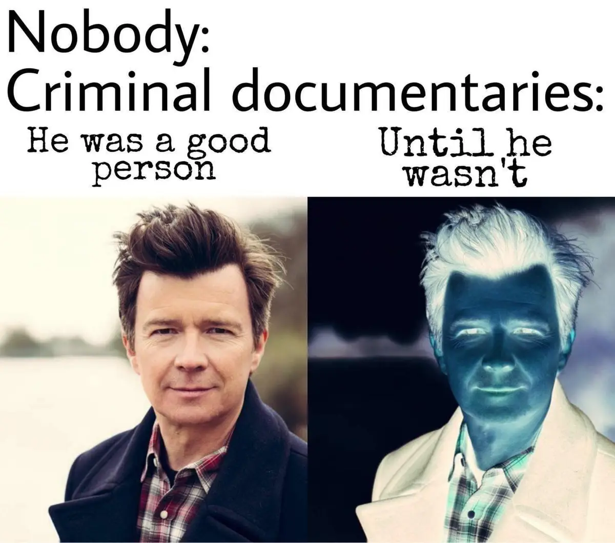 The image shows two side-by-side photos of the same man. On the left, he appears normal with brown hair, wearing a dark coat…