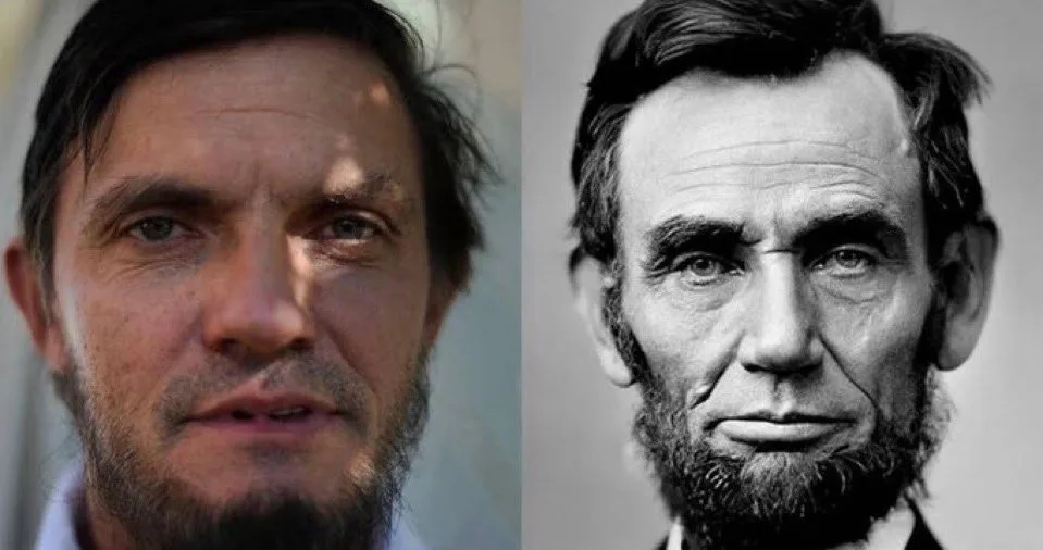 the image is a side-by-side comparison of two men: on the left, a modern man with dark hair and a beard, and on the right, a…