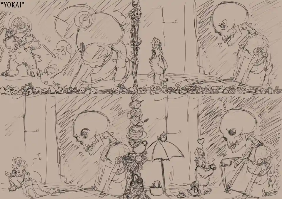 A sepia-toned sketch shows a large, smiling skull-headed yokai character in a tea party setting with various smaller yokai…