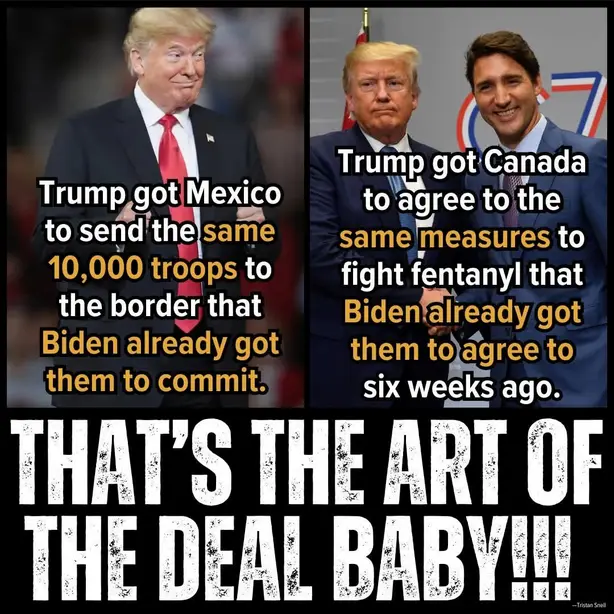The image is a two-panel meme featuring Donald Trump in both panels. The left panel shows Trump smiling with text claiming…