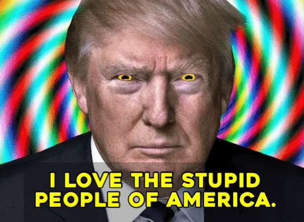 The image displays three identical panels of Donald Trump with digitally altered yellow eyes, set against a swirling…