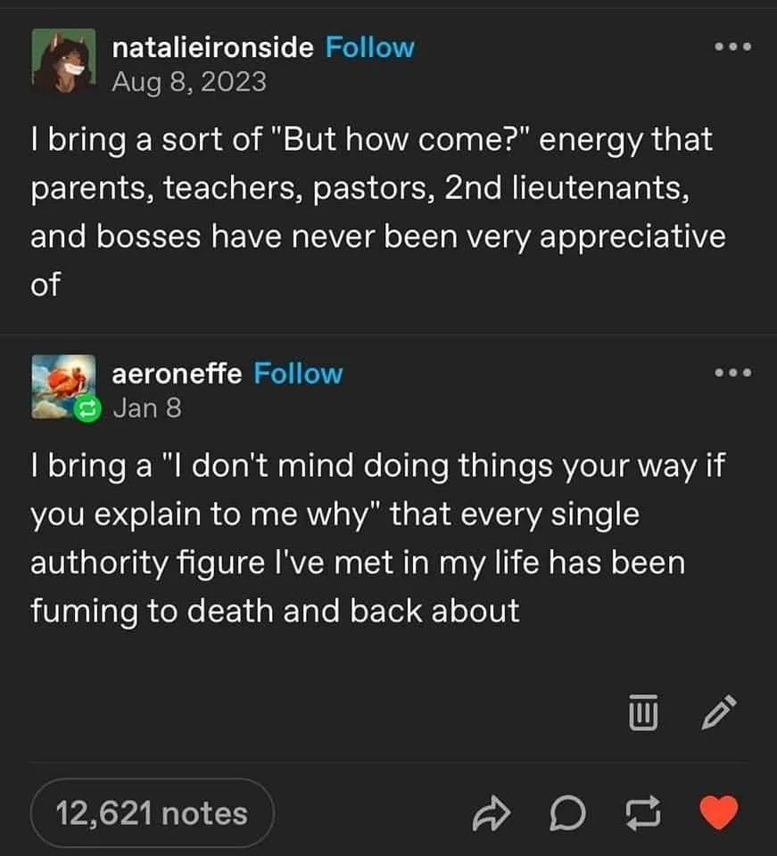 The image displays two social media posts from different users on a dark-themed platform, likely Tumblr. The first post by…