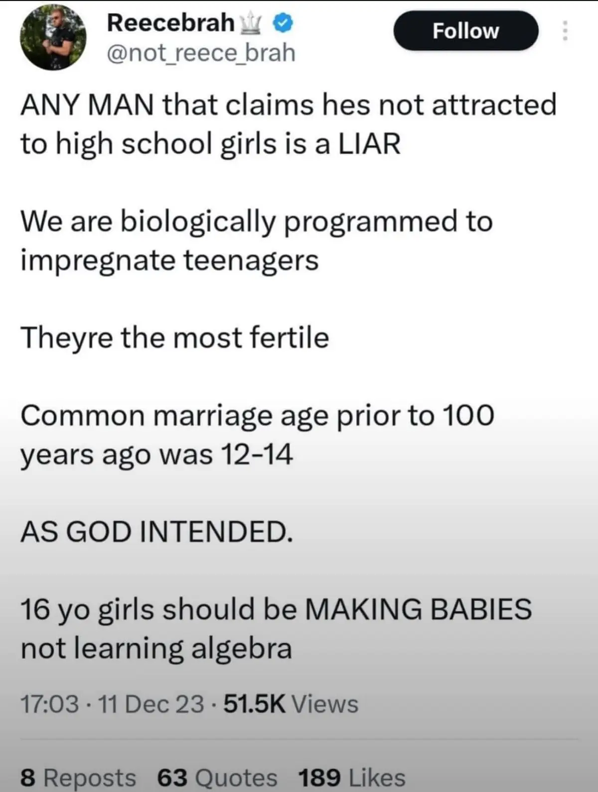 A screenshot of a social media post by 'Reecebrah' with a bold, all-caps text overlay making controversial claims about male…