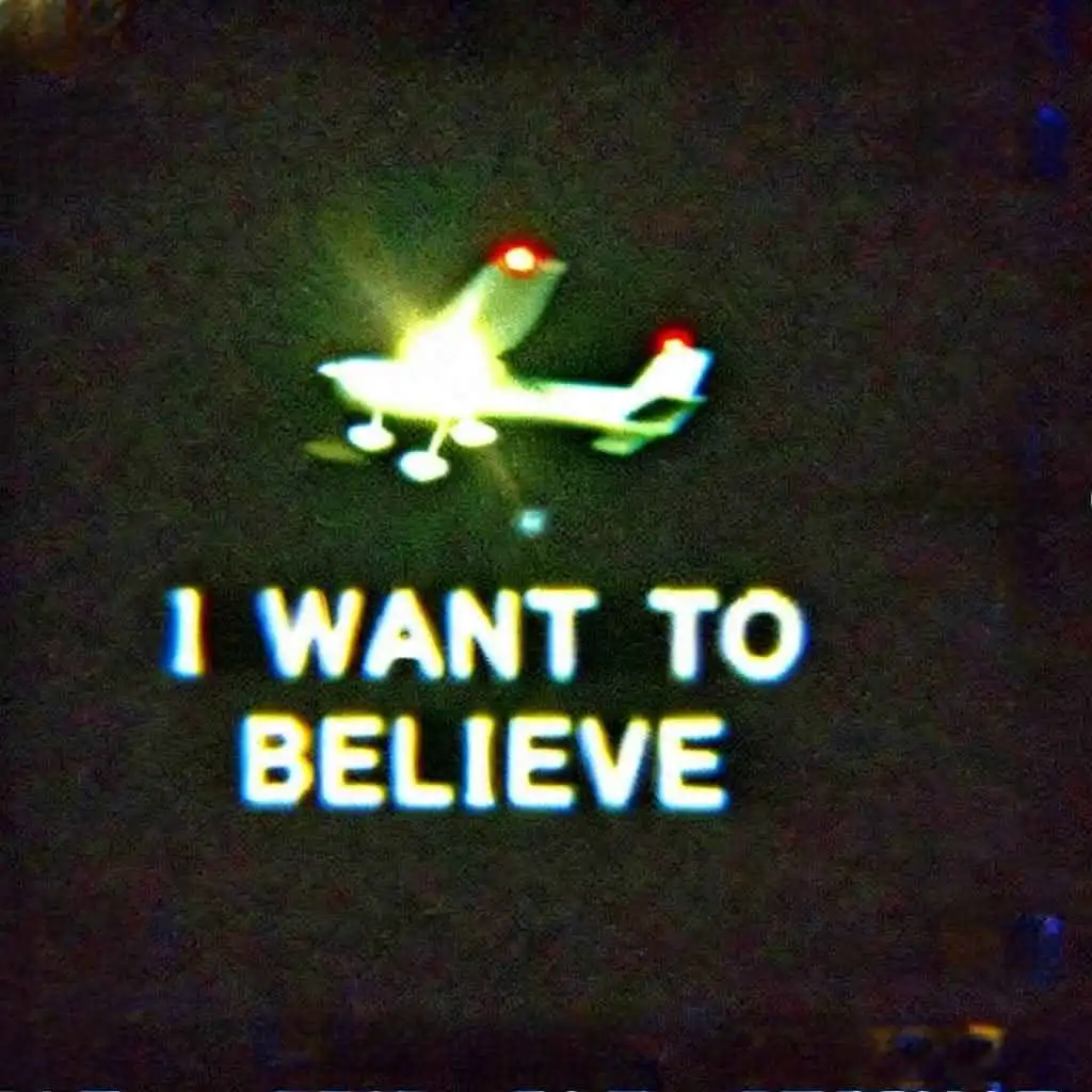 A blurry, low-resolution nighttime photo shows a small, glowing airplane with red lights on its tail and wingtips, appearing…