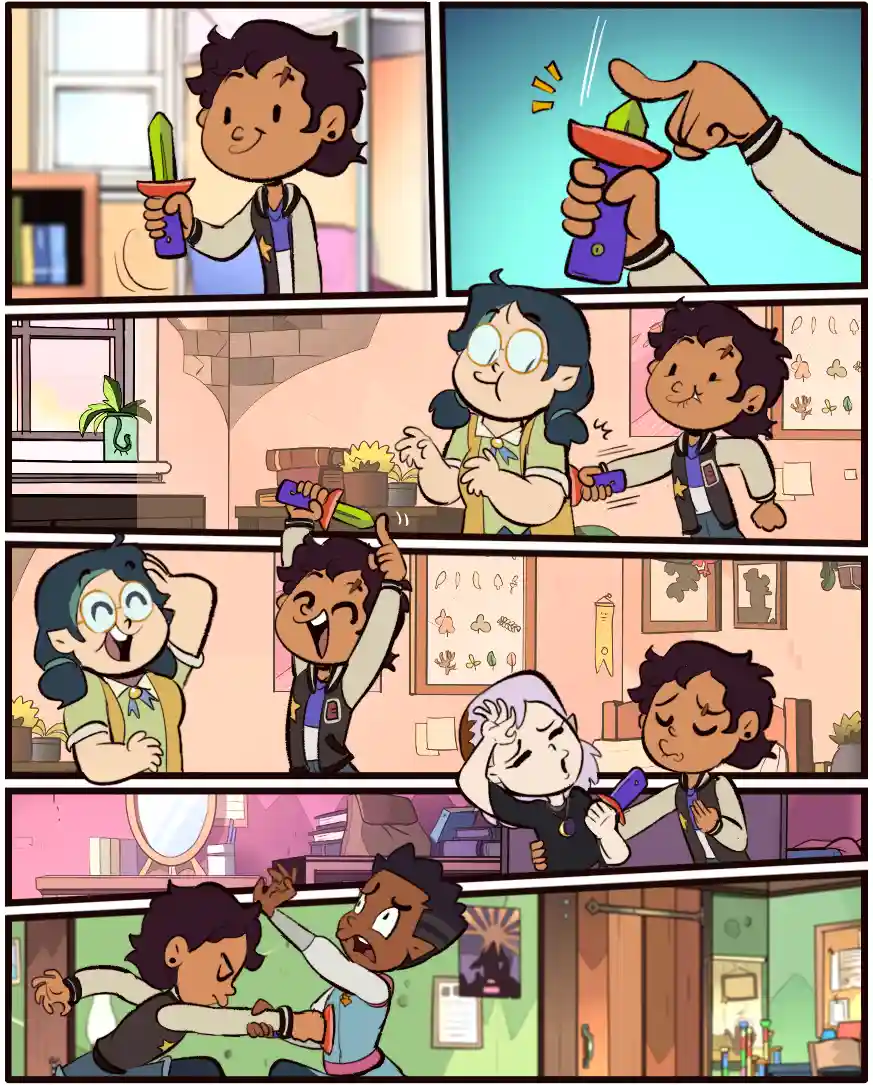 A six-panel comic strip from 'The Owl House' shows Luz and Luz's friend, Luz, using a magical device to turn a plant into a…