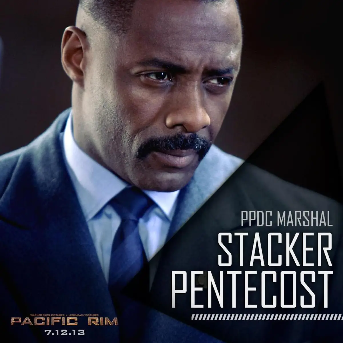 A promotional poster for the movie 'Pacific Rim' featuring actor Idris Elba as the character Stacker Pentecost, shown in a…