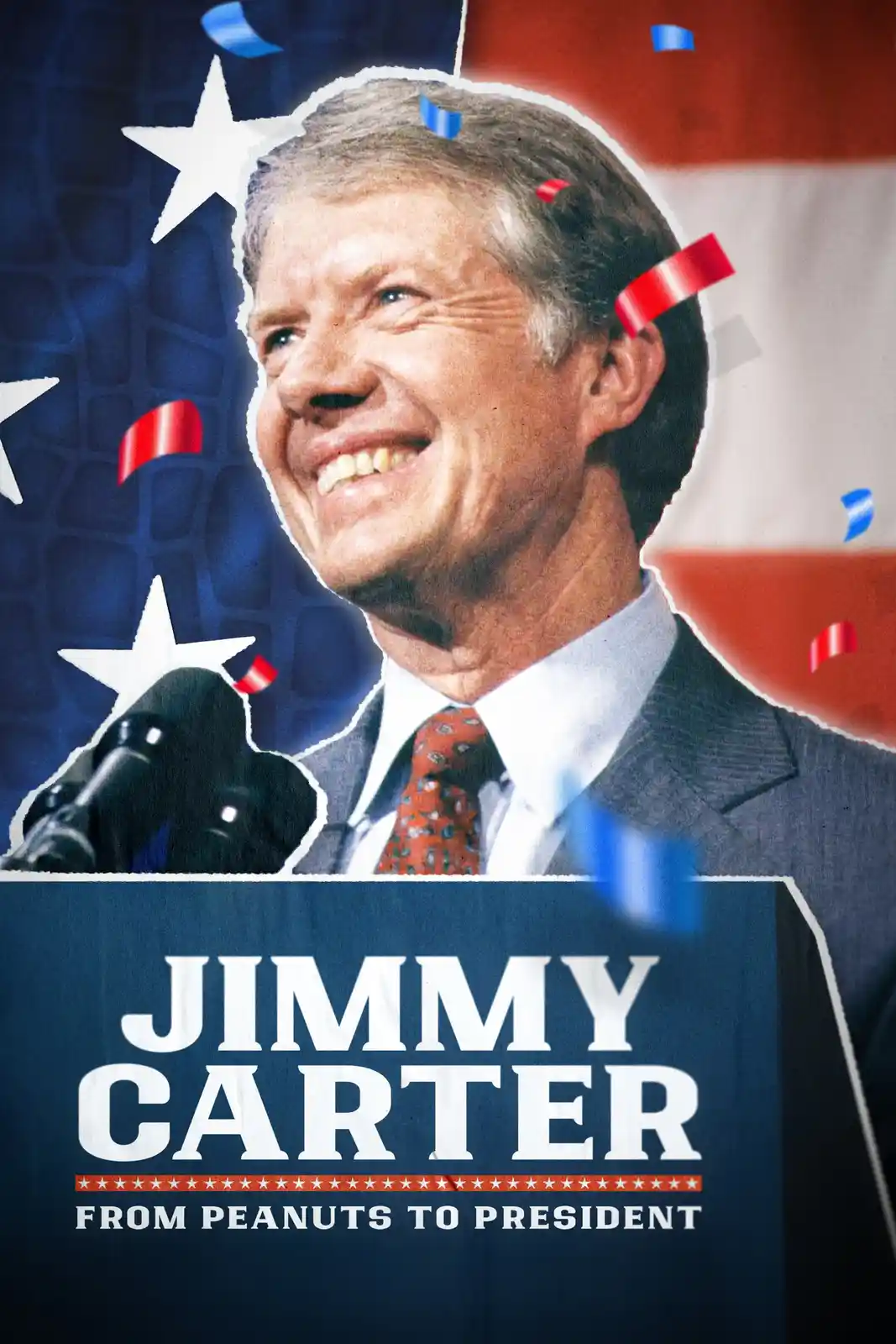 A celebratory image of former U.S. President Jimmy Carter smiling broadly, set against a patriotic American flag background…