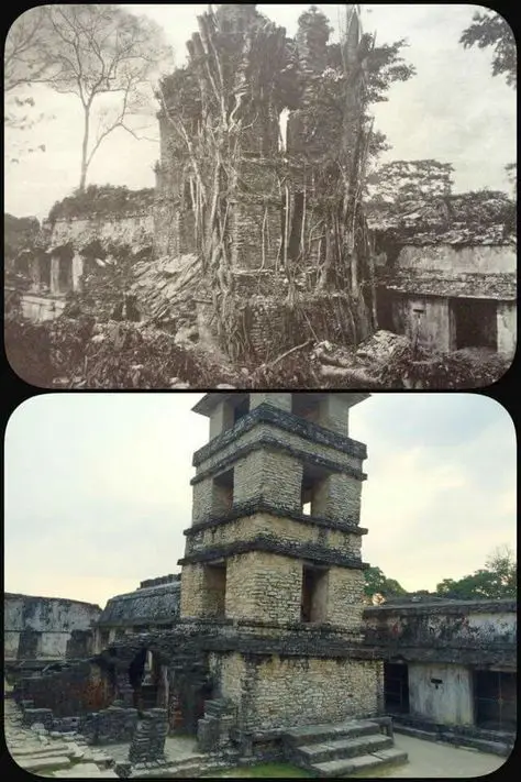 The image is a two-panel comparison. The top panel shows ancient stone ruins heavily overgrown with trees and vegetation…