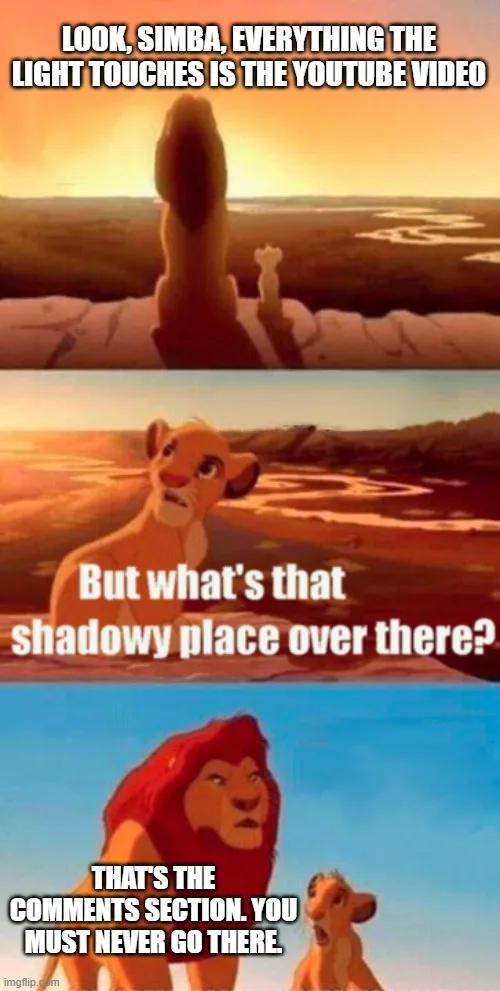 The meme uses three panels from 'The Lion King' showing Simba and Mufasa. In the first, Mufasa points to the horizon, saying…