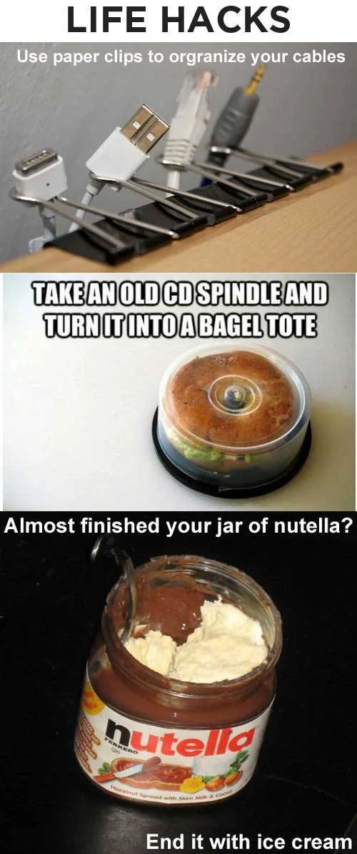The image is a three-panel meme titled 'LIFE HACKS'. The top panel shows various cables clipped to a black paperclip cable…