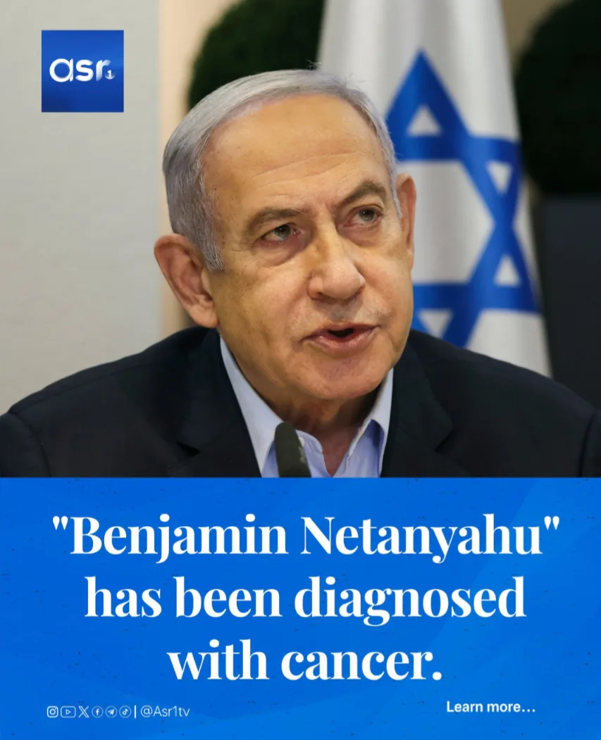 A close-up photo of Benjamin Netanyahu speaking at a press conference, with an Israeli flag visible behind him. A blue…