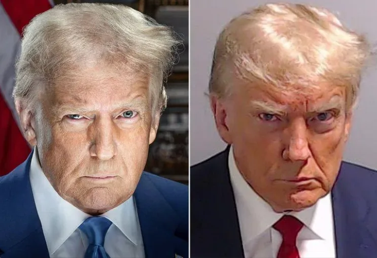 The image shows a side-by-side comparison of Donald Trump. The left panel shows him in a formal setting with a blue tie…