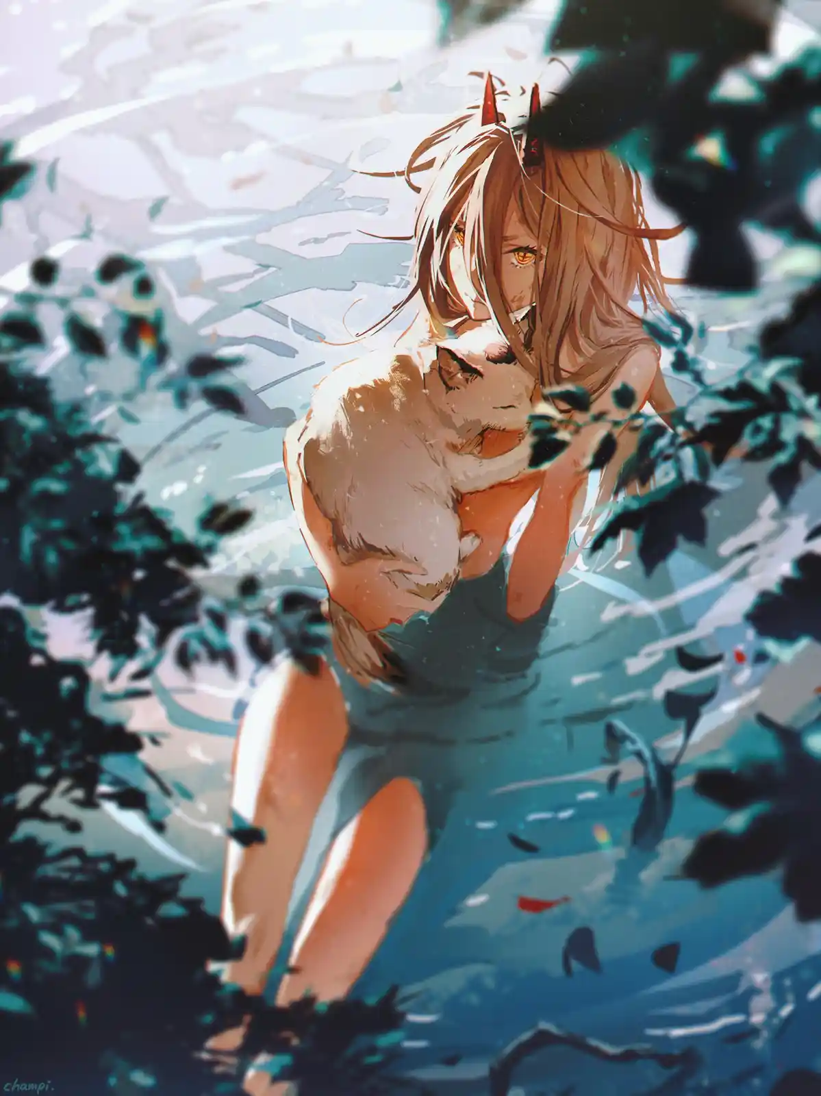 An anime-style illustration shows a young woman with light brown hair and small red horns, partially submerged in water…