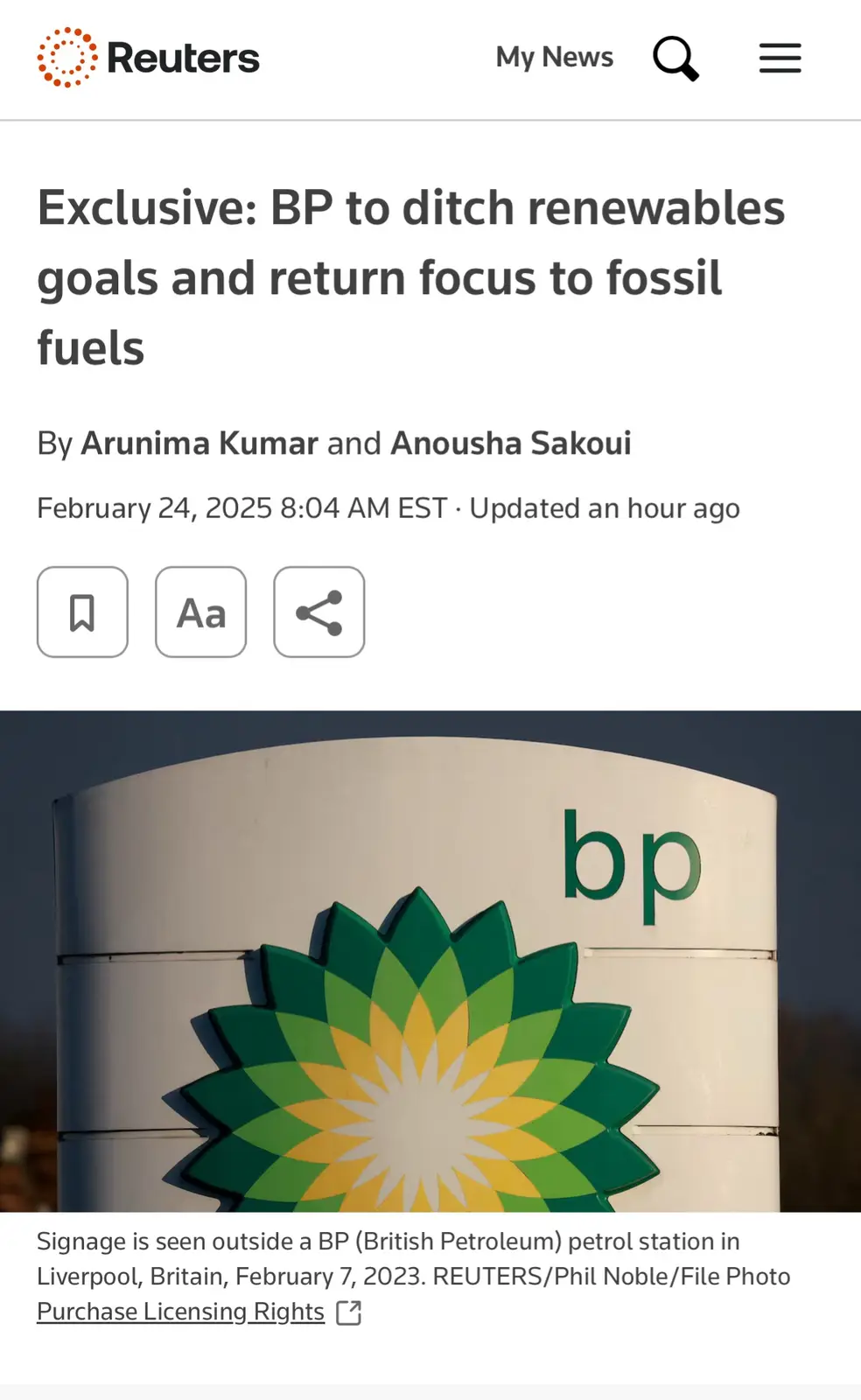 A screenshot of a Reuters news article dated February 24, 2025, with a headline about BP abandoning its renewable energy…