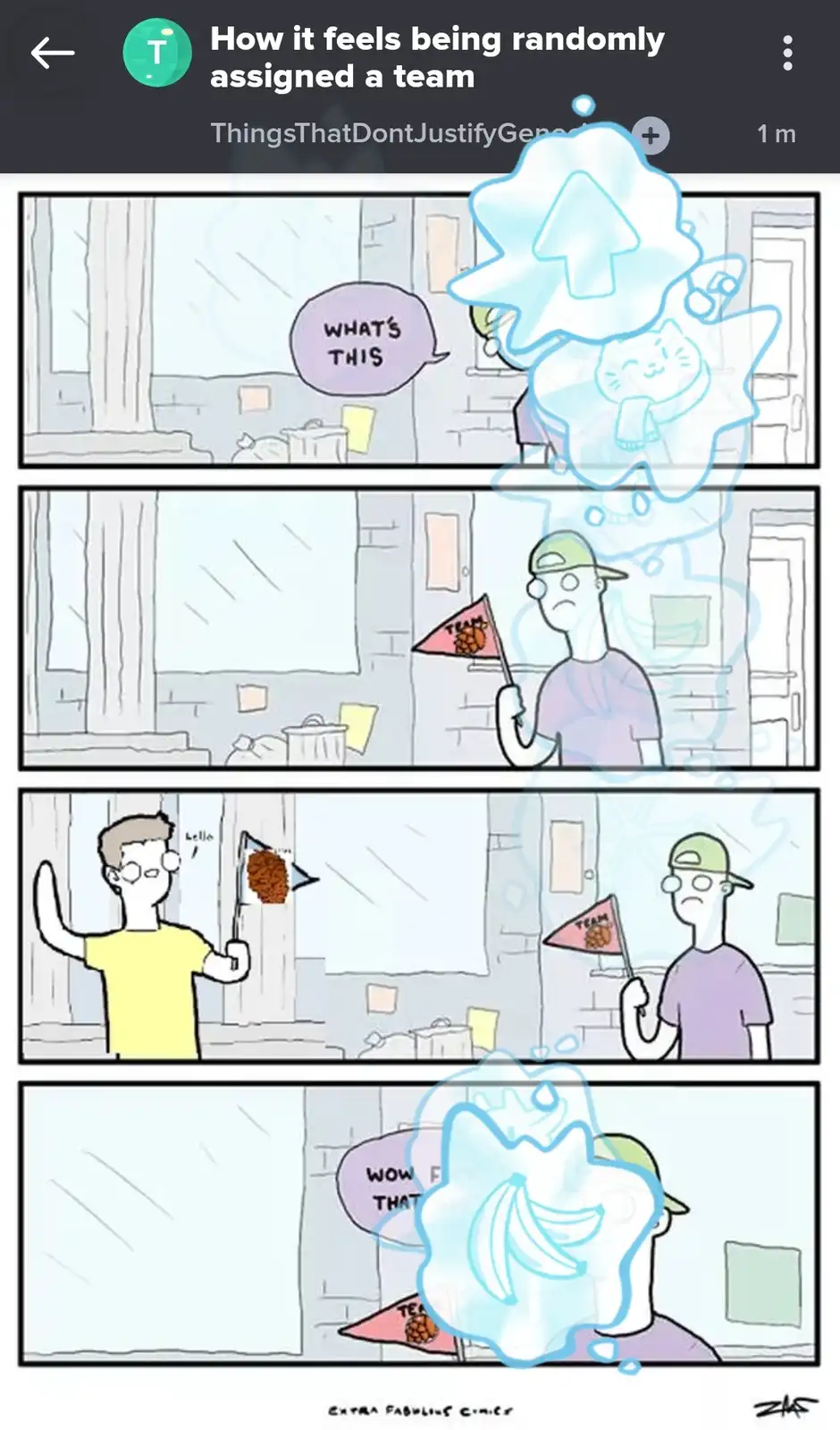 A four-panel comic shows a person holding a 'TEAM' flag, confused by another person waving a flag with a brown, lumpy…
