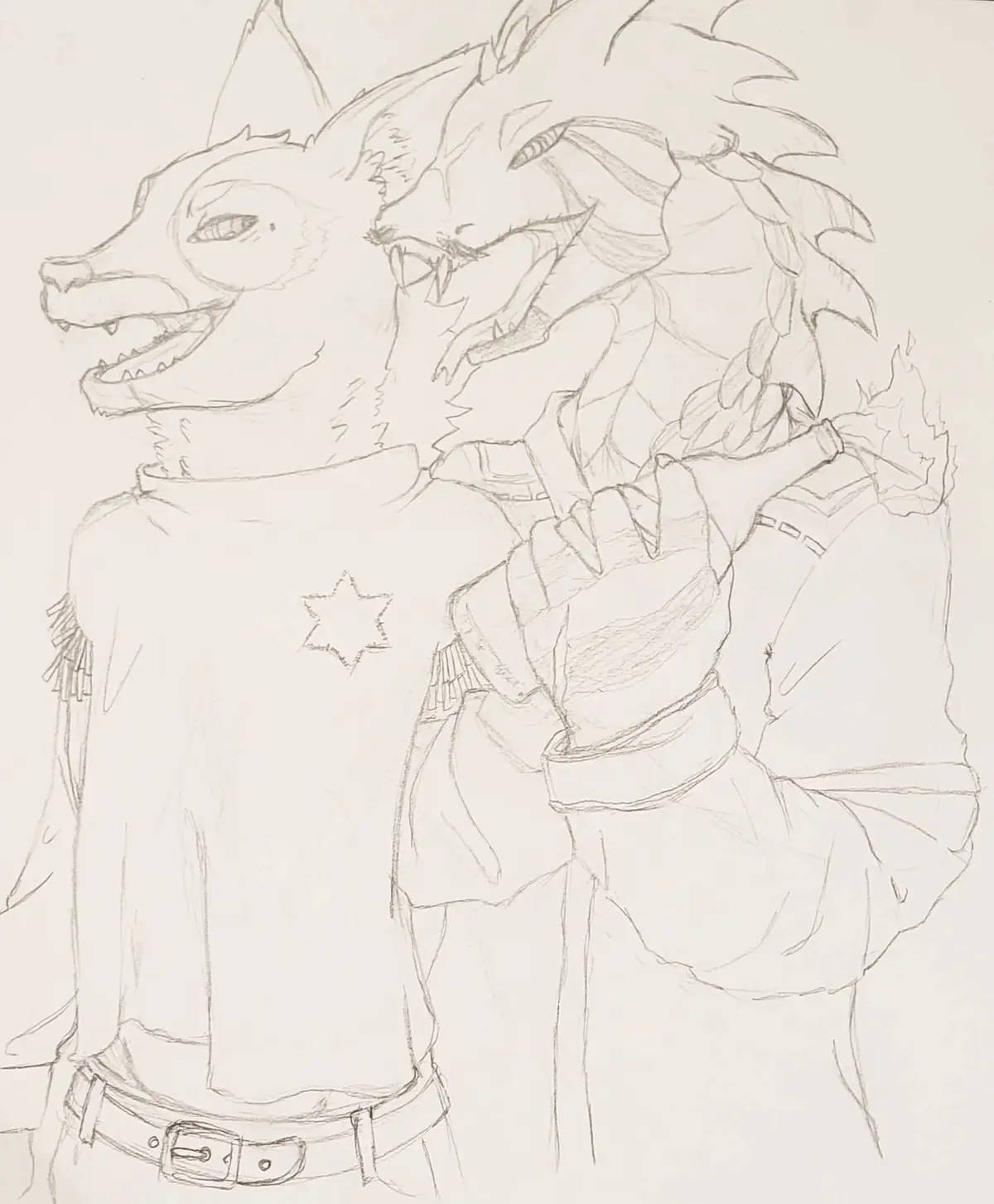 A pencil sketch shows two anthropomorphic wolf characters standing side by side. The wolf on the left, wearing a shirt with…