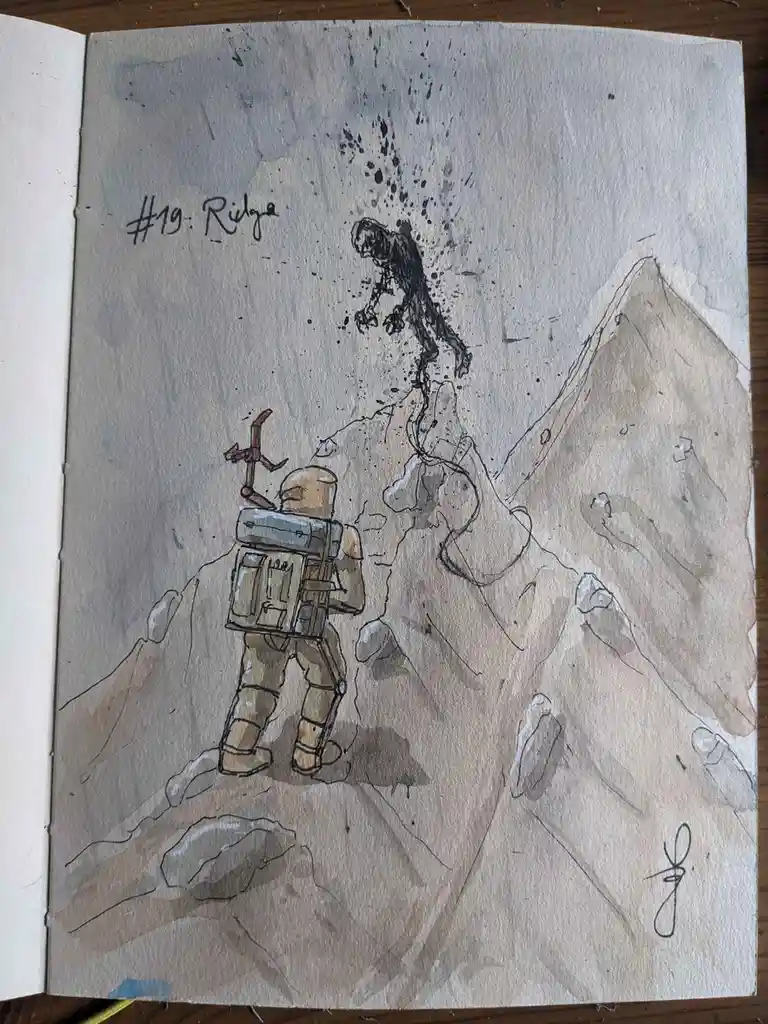 A watercolor sketch in a sketchbook shows a lone astronaut in a bulky suit climbing a rocky ridge, holding an ice axe. Above…