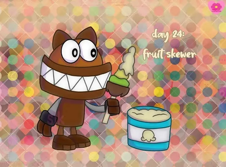 A cartoon brown cat-like character with a wide toothy grin holds a fruit skewer topped with ice cream, standing next to a…