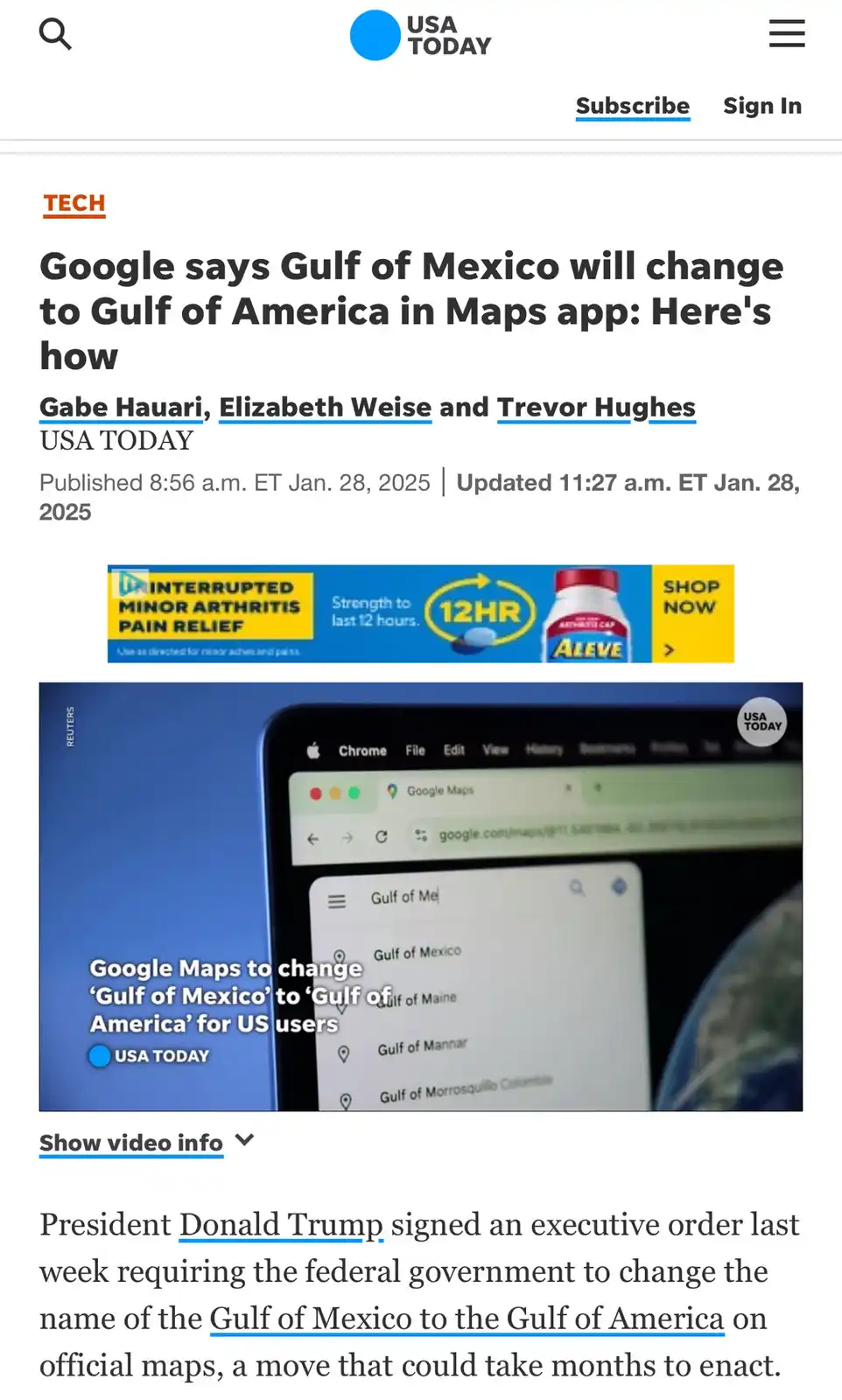 A screenshot of a USA TODAY news article about Google Maps changing the Gulf of Mexico to Gulf of America, overlaid with…
