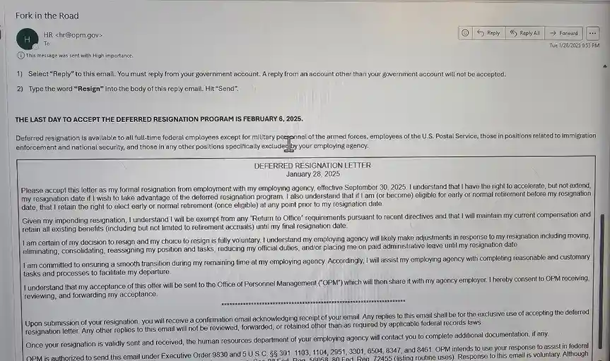A screenshot of an email from HR@opm.gov titled 'Fork in the Road' instructing the recipient to reply with the word 'Resign'…